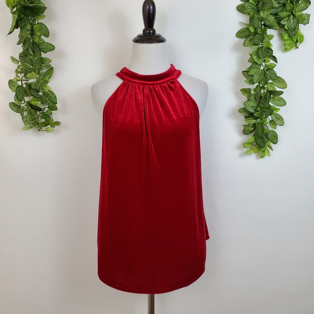 Gibson red velvet tie neck halter sleeveless top